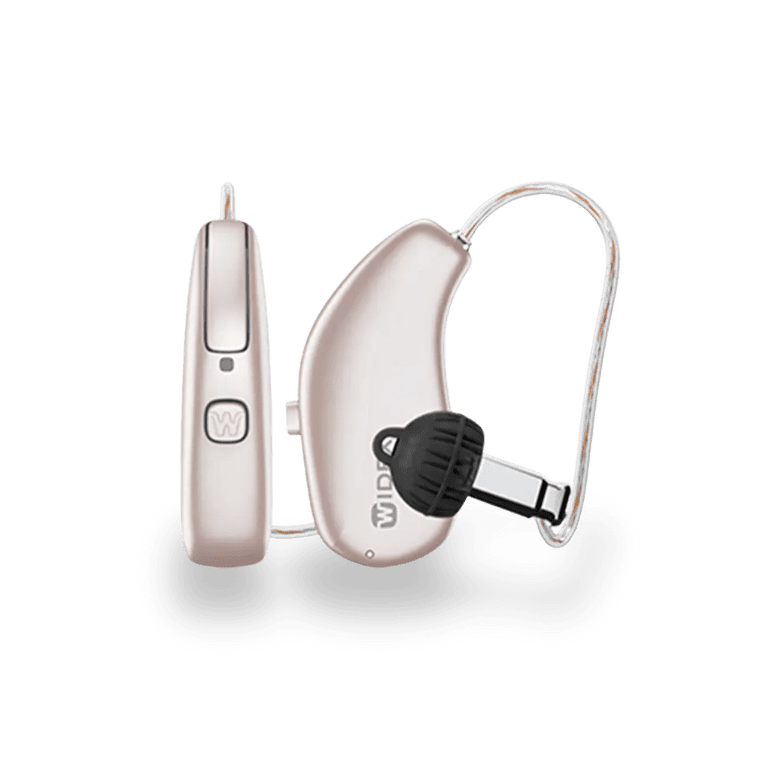 Two beige behind-the-ear hearing aids with clear wire and black receiver tip on a transparent background