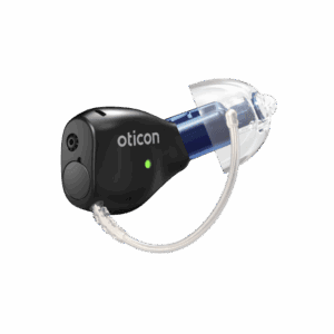Black Oticon in-the-ear hearing aid with clear shell, blue inner component, and white pull cord