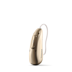 Beige behind-the-ear hearing aid with thin silver wire and small receiver tip